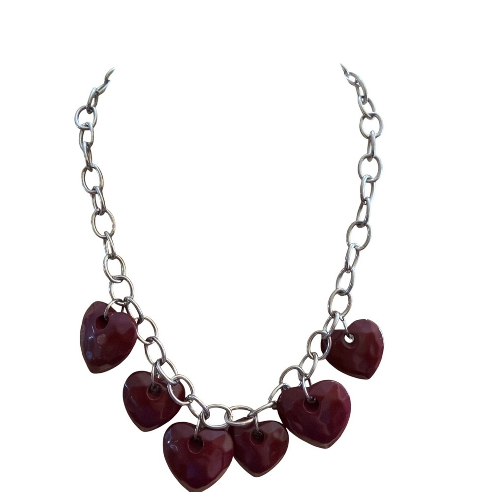 Burgundy Heart Charm Statement Necklace Silver Tone Chunky Chain Y2K Coquette